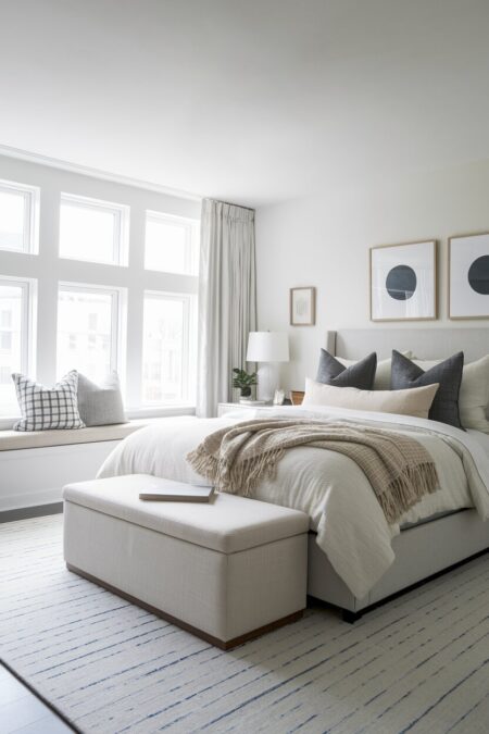 storage ottoman at the end of the bed in the light small bedroom