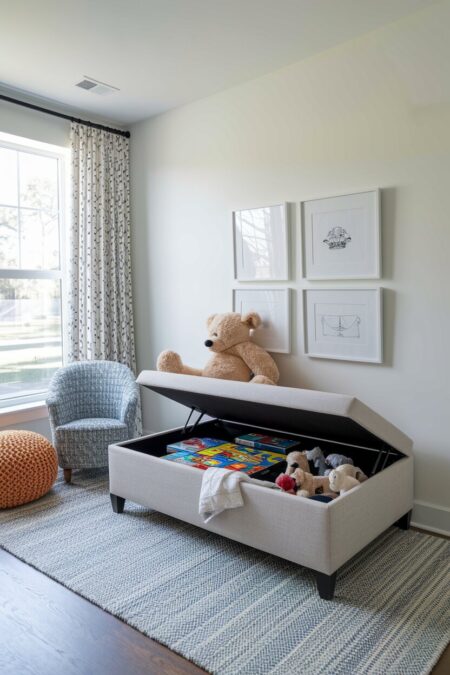 storage ottoman with games and toys in the playroom