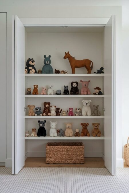 stuffed animal toys on the shelves in the white reach-in closet in the playroom