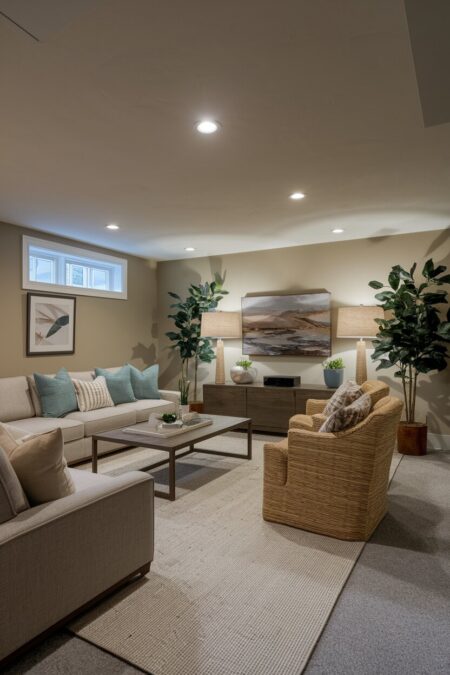 taupe basement living room with recessed ceiling spot lights and table lamps on the credenza