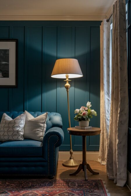 vintage living room with a blue wall, a blue tufted rolled arm sofa, and a brass floor lamp with a fabric shade