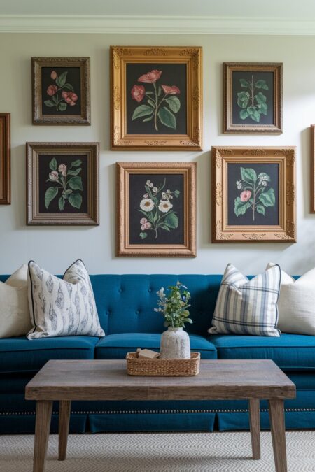 vintage living room with a gallery wall of vintage floral prints in old mismatched frames above a blue sofa