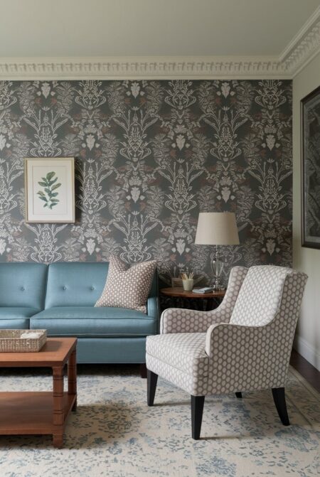 vintage living room with a gray faded pattern wallpaper and a light blue-gray sofa
