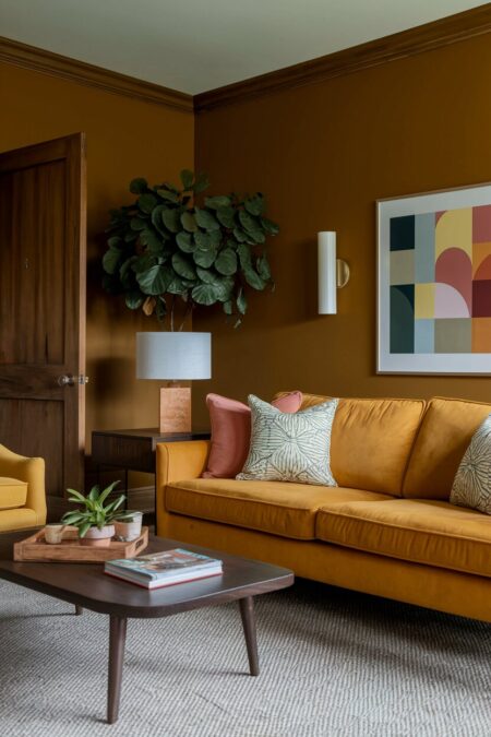 vintage living room with a mustard yellow sofa, dark ochre or brown mustard walls, and a colorful geometric artwork