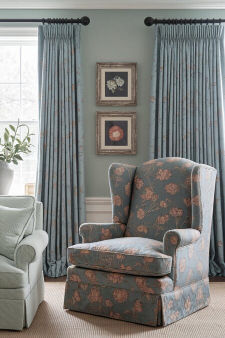 vintage living room with an upholstered faded gray floral patterned wingback chair