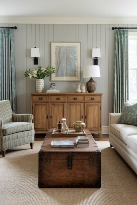 vintage living room with gray walls, an oak sideboard, and an old wooden trunk as a coffee table
