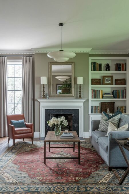 vintage living room with greige walls, built-in shelving, a leather armchair, and a faded red area rug