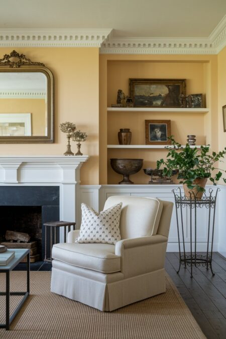 vintage living room with yellow walls, an aged brass mirror frame, and a wrought-iron plant stand