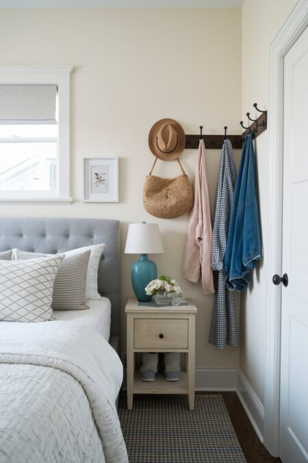 wall-mounted hooks with clothes next to the bed in the small bedroom