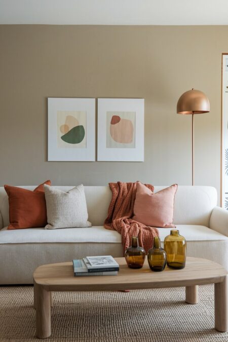 warm modern living room with greige walls, a cream sofa, a wooden coffee table, a copper floor lamp, and amber glass vases