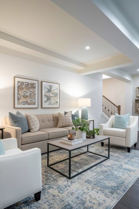 white basement living room with a beige sofa, cream armchairs, gray pillows and rug
