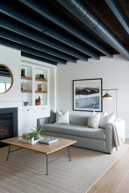 white basement living room with dark ceiling and ductwork, a light gray sofa, a round mirror, and an electric fireplace