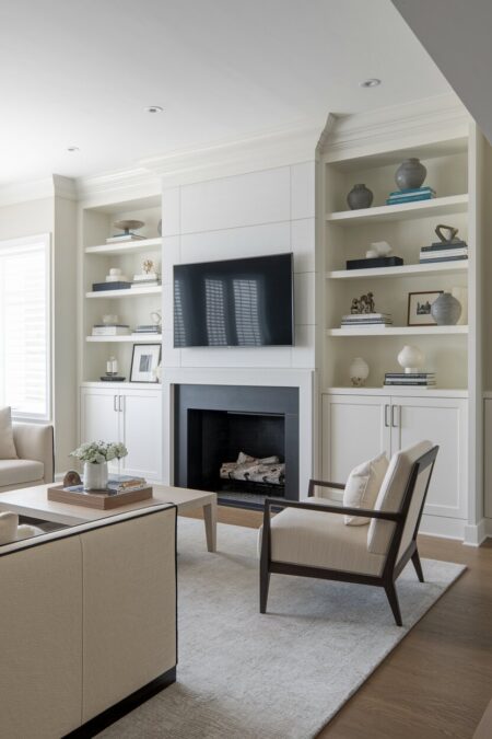 white contemporary living room with built-in shelving flanking a fireplace and TV
