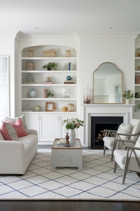 white feminine living room with a mirror in scalloped frame on the fireplace mantel