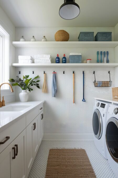 white pegboard storage wall in the laundry room