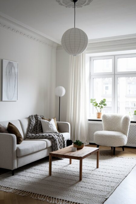 white Scandinavian living room with a chunky wool throw, boucle accent chair, and spherical light fixtures