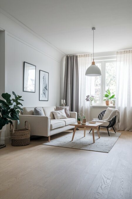 white Scandinavian living room with light wood laminate flooring and neutral furniture