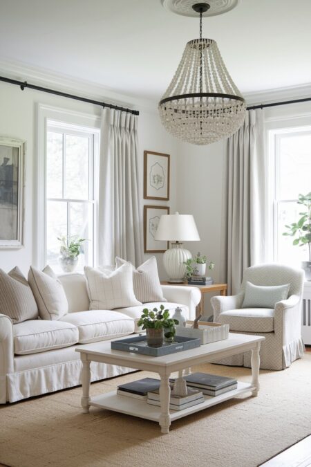 white shabby chic living room with a white linen slipcovered sofa and a light gray geometric pattern armchair