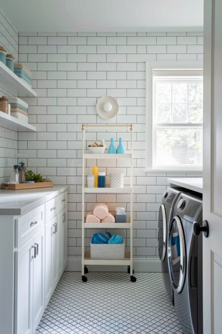 white, small laundry room with a rolling cart for storage