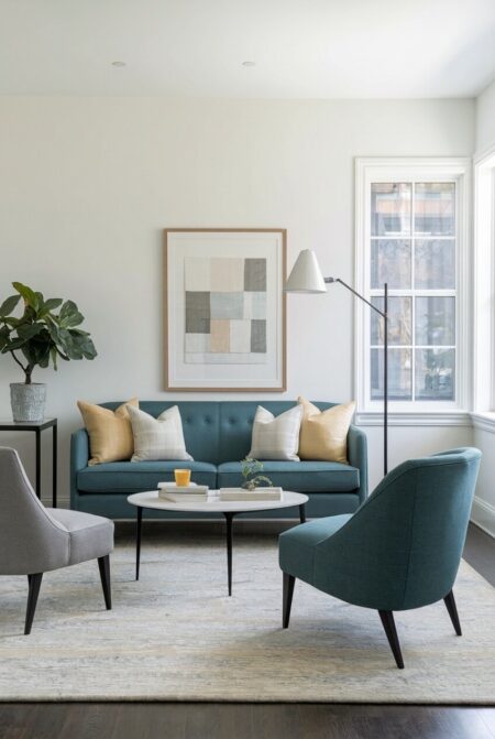 white small living room with a gray loveseat sofa and accent chair