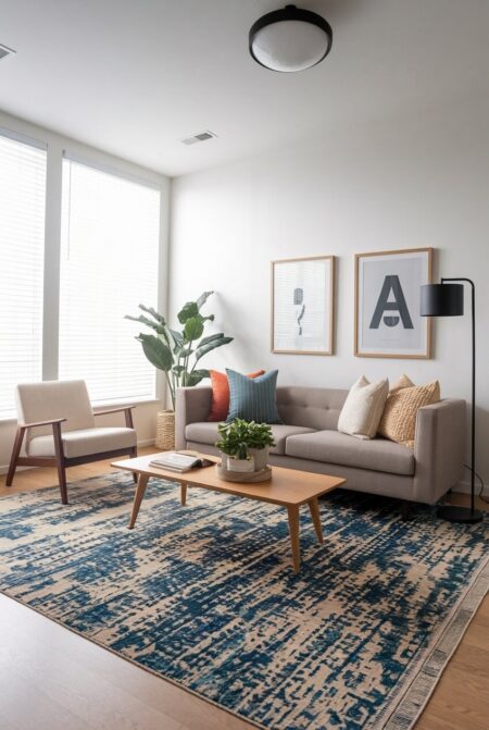 white small living room with a taupe or greige sofa, a black floor lamp, and a rug with bold pattern