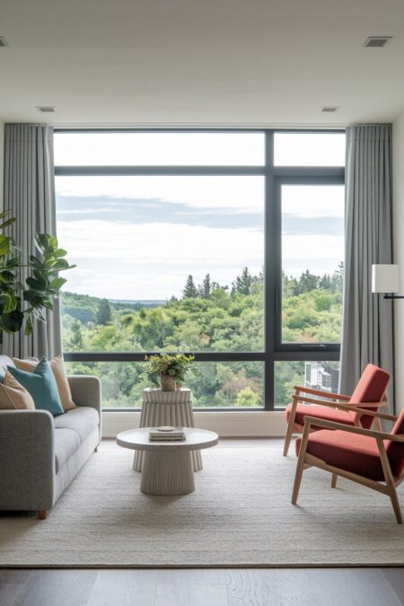 white small living room with a view of the trees from the window, a gray sofa, and terracotta chairs