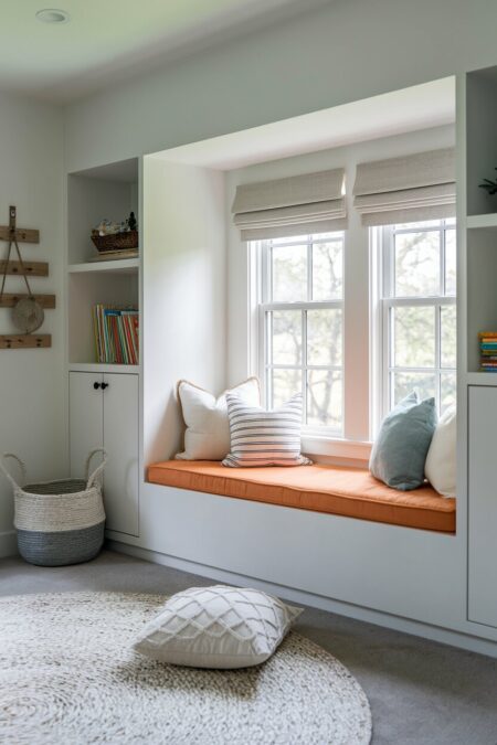 window seat with hidden storage and an orange cushion in the playroom