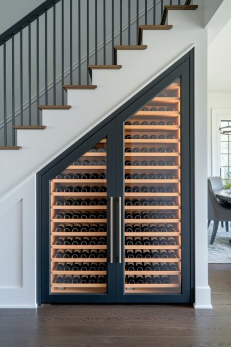 wine storage with glass doors under the stairs