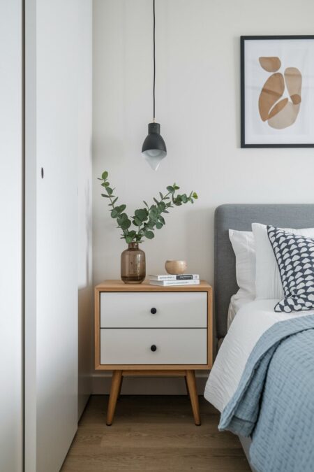 wooden nightstand with two white drawers in the small bedroom