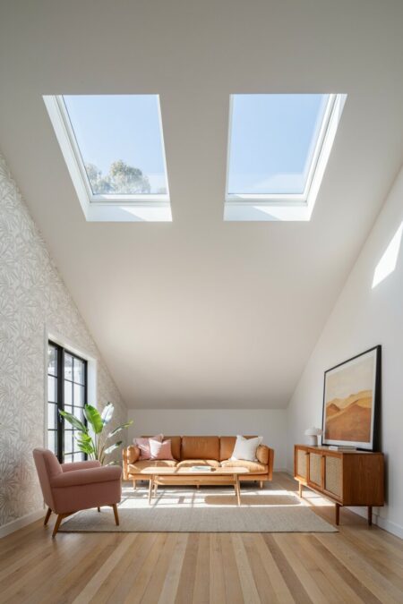 attic living room with skylights, a leather sofa, a pink accent chair, a wooden credenza, and a light gray pattern wallpaper on the accent wall
