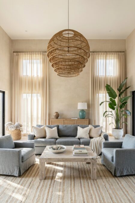 beach house living room with sand colored plaster walls, a light gray sofa, a pair of club chairs, and a massive woven pendant