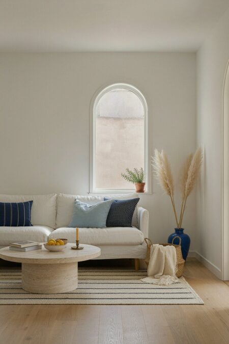 blue and white Mediterranean living room