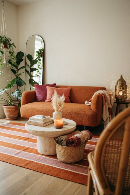 boho living room with cream walls, an orange boucle sofa, pink throw pillows, and a pink and orange stripe rug