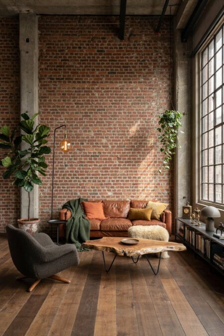 cozy industrial living room with a brick wall, wooden flooring, a leather sofa, a shaggy ottoman, a gray boucle accent chair, a raw-edge wood coffee table with black hairpin legs, and a low credenza with books
