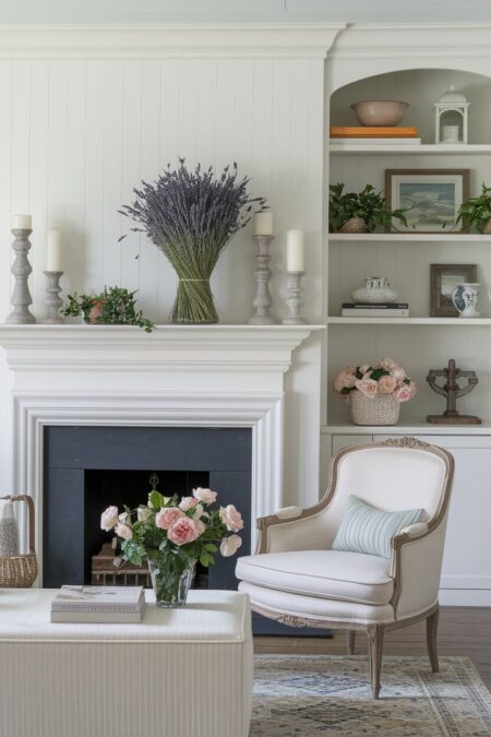 French country living room with a bergere armchair, a bundle of dried lavender on the mantel, and garden roses