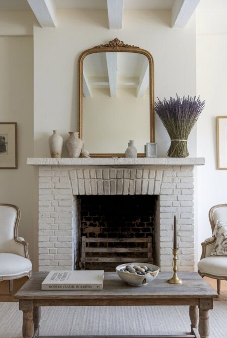 French country living room with a limewash brick fireplace, a bundle of dried lavender and a gilt mirror on the mantel