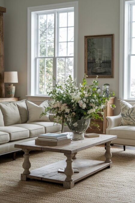 French country living room with a reclaimed farmhouse coffee table with worn edges and neutral furniture