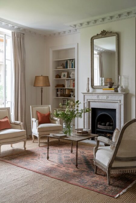 French country living room with a small vintage rug on top of the large jute rug, a fireplace, and three armchairs