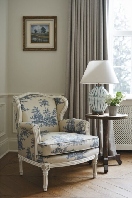 French country living room with a toile-covered armchair in the corner and a wooden side table