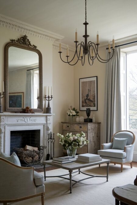 French country living room with a wrought iron chandelier, coffee table base, and fireplace tools
