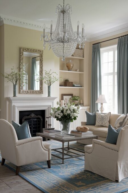 French country living room with beige walls, a crystal chandelier, and muted blue accents