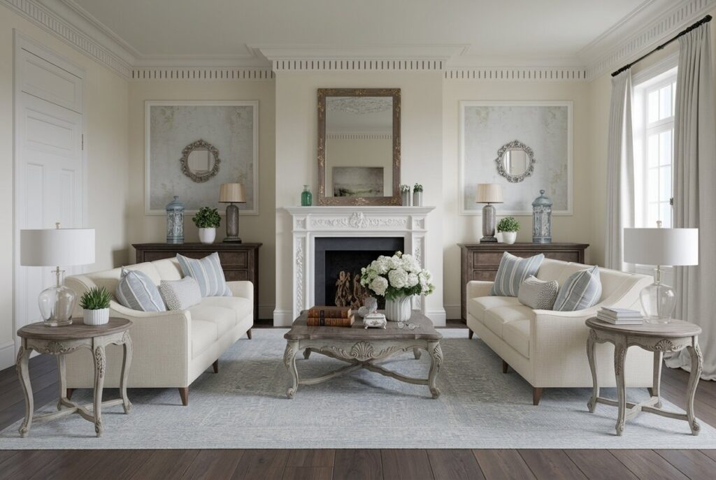 French country living room with cream sofas, coffee and side tables have curved legs with carvings