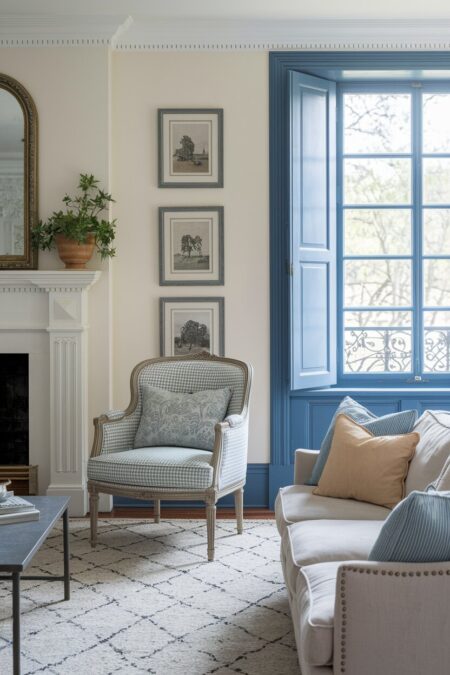 French country living room with provincial blue window trim and a bergere armchair with muted pattern