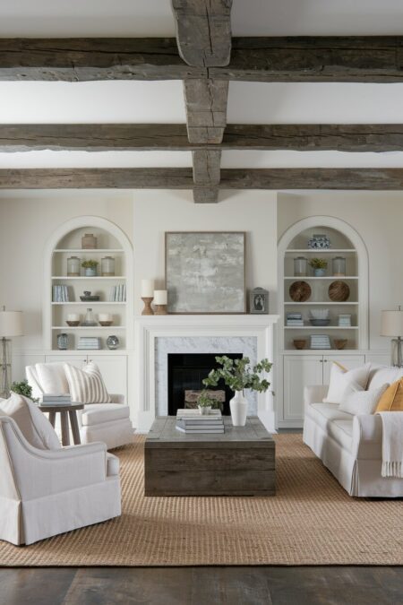 French country living room with rough reclaimed lumber ceiling beams, a fireplace, and arched shelving niches