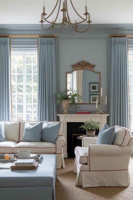 French country living room with slipcovered linen seating, muted blue walls and pillows