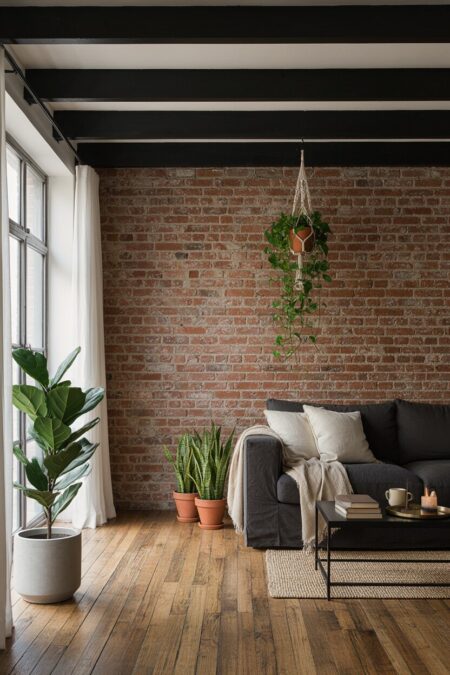 industrial living room with a brick accent wall, wooden flooring, a dark gray slipcovered sofa, black ceiling beams, and houseplants