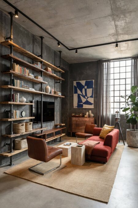 industrial living room with charcoal plaster on walls, pipe shelving, a textured muted red sofa, leather accent chairs, and track lighting