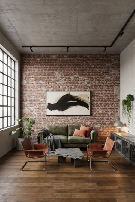industrial living room with an exposed brick wall, a moss green velvet rolled-arm sofa, leather sling chairs, track lighting, and a low credenza
