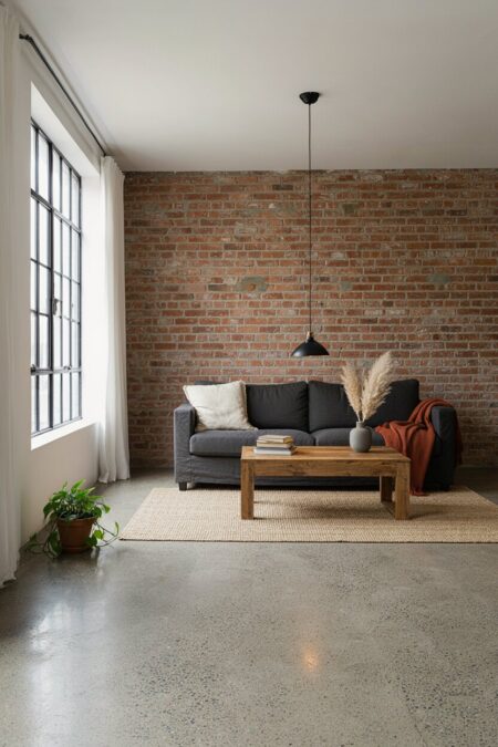 industrial living room with polished concrete flooring, a dark gray slipcovered sofa, a jute rug, and a brick accent wall