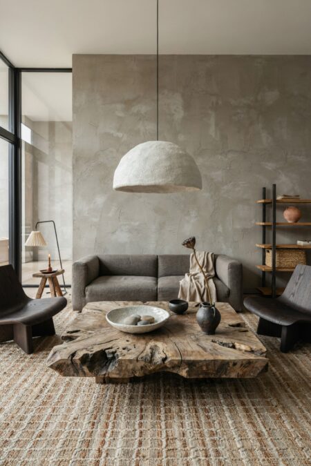 Japandi living room with gray plaster walls, a gray linen sofa, dark wood chairs, and handmade ceramics on the live edge slab coffee table